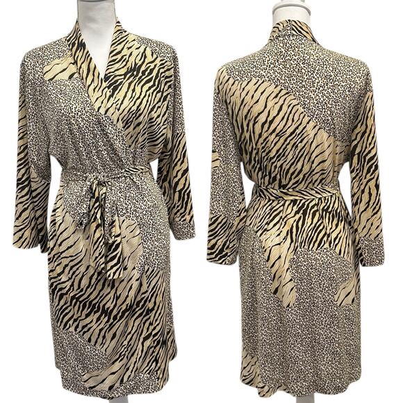 Natori Black Tan Animal Print Stretch Jersey Kimono Robe Tiger Leopard Lounge - Picture 1 of 14